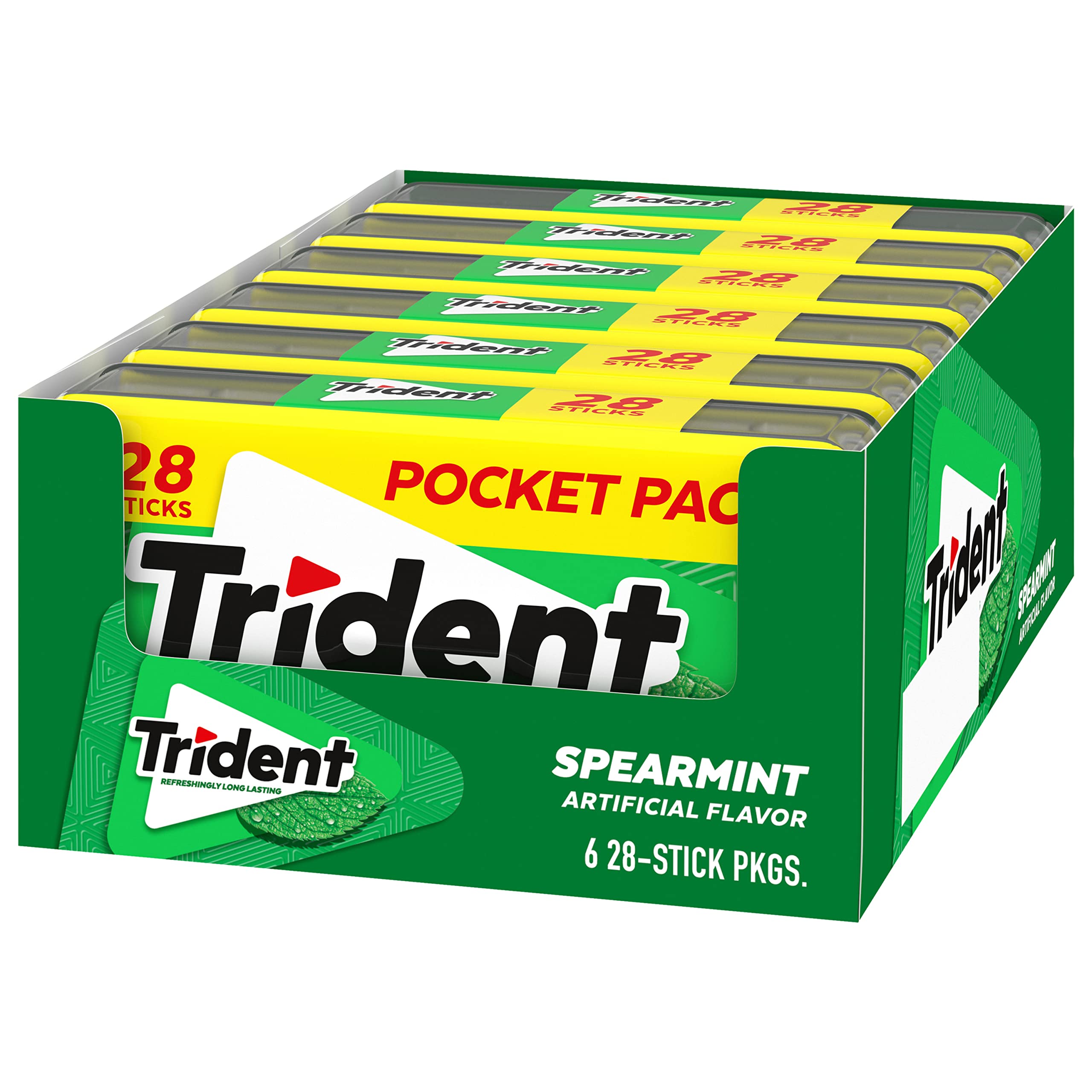 Box with six Trident spearmint pocket packs displayed to show bulk supply and value