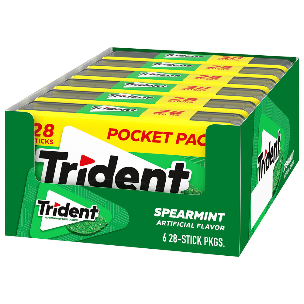 Box with six Trident spearmint pocket packs displayed to show bulk supply and value