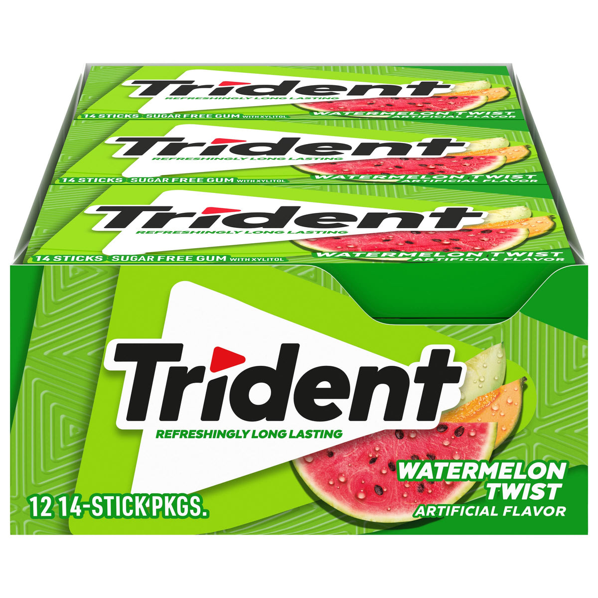 Trident pack front showing watermelon branding and slim box for portability