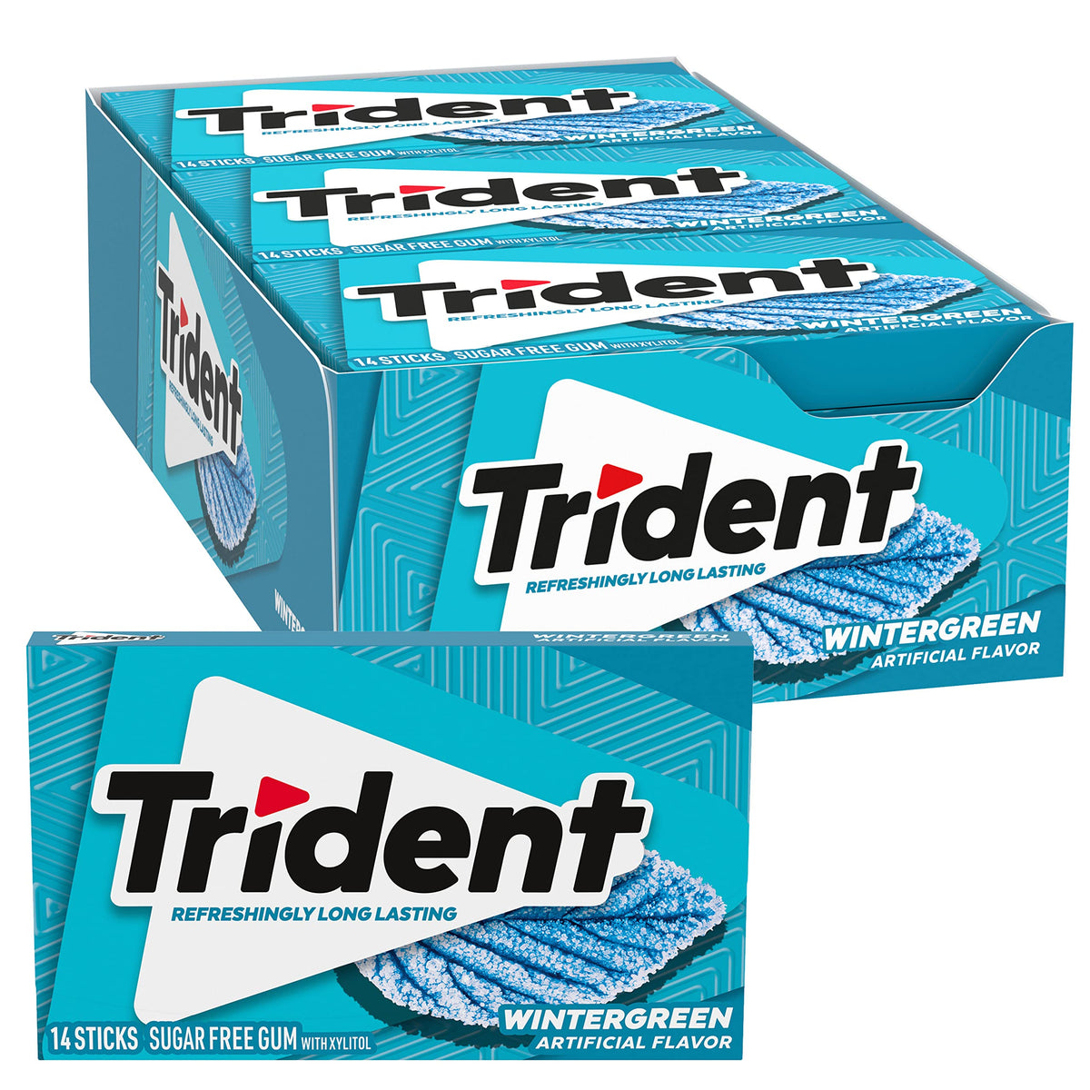 Trident wintergreen front packaging showing bulk convenience and fresh breath
