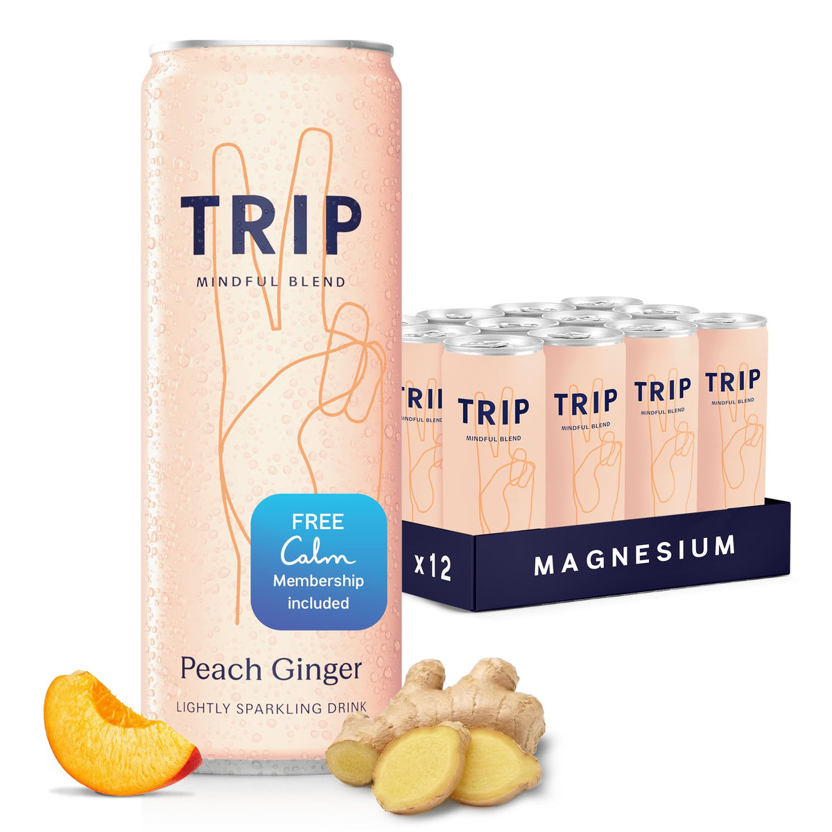 TRIP front packaging showing peach ginger 12-pack and branding benefit: elegant alcohol-free choice
