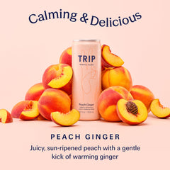 TRIP open can pouring clear sparkling peach ginger drink into glass for refreshing hydration