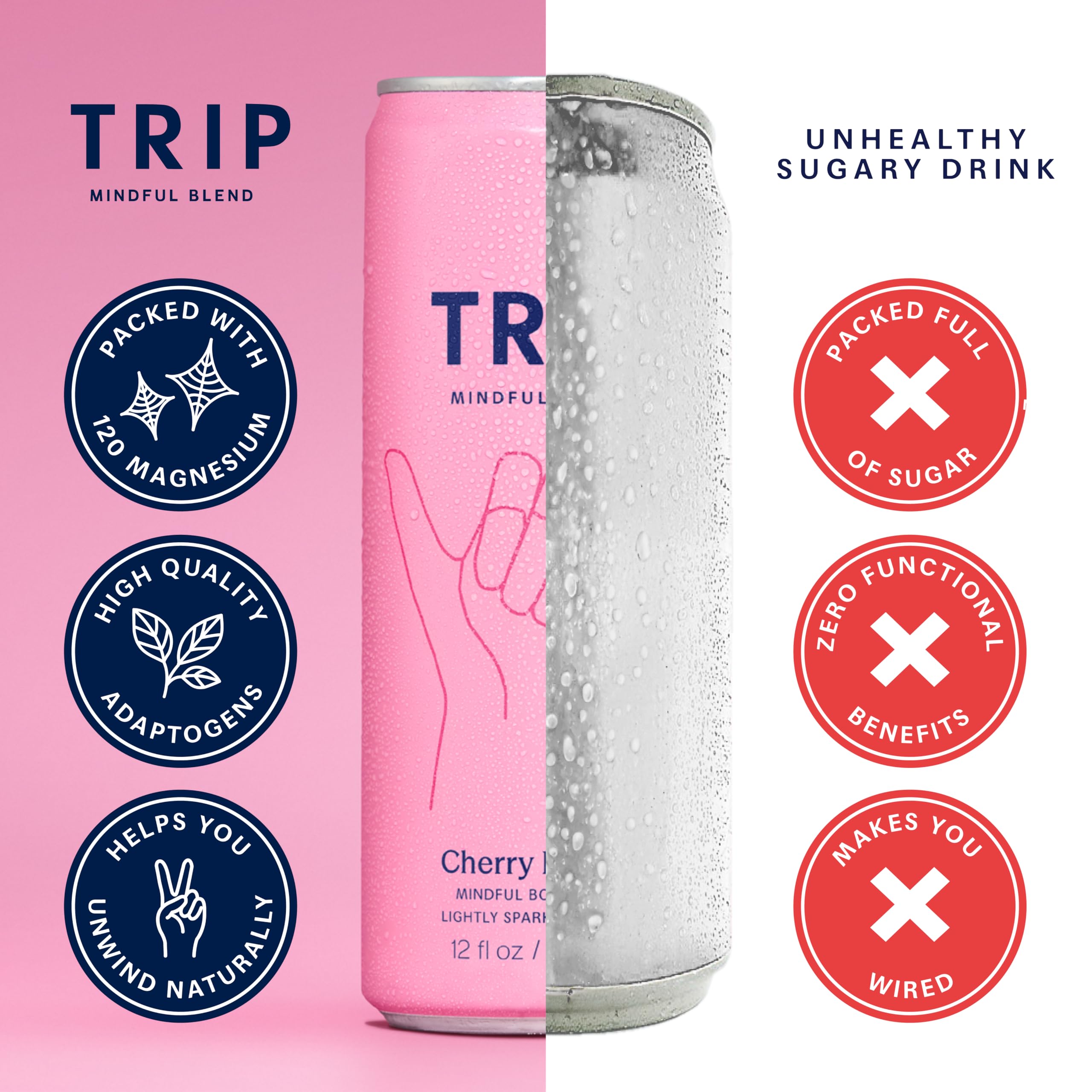 TRIP can next to a hand showing scale and easy single‑serve portability