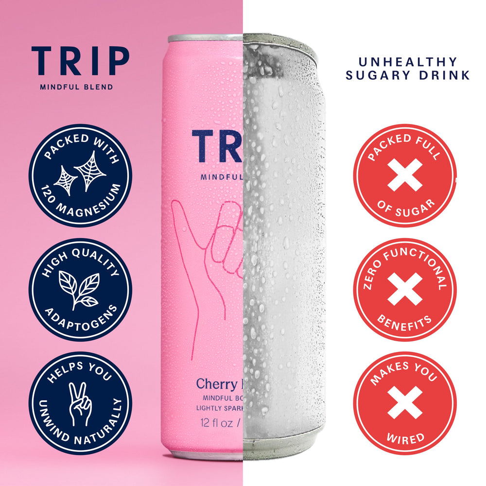 TRIP can next to a hand showing scale and easy single‑serve portability