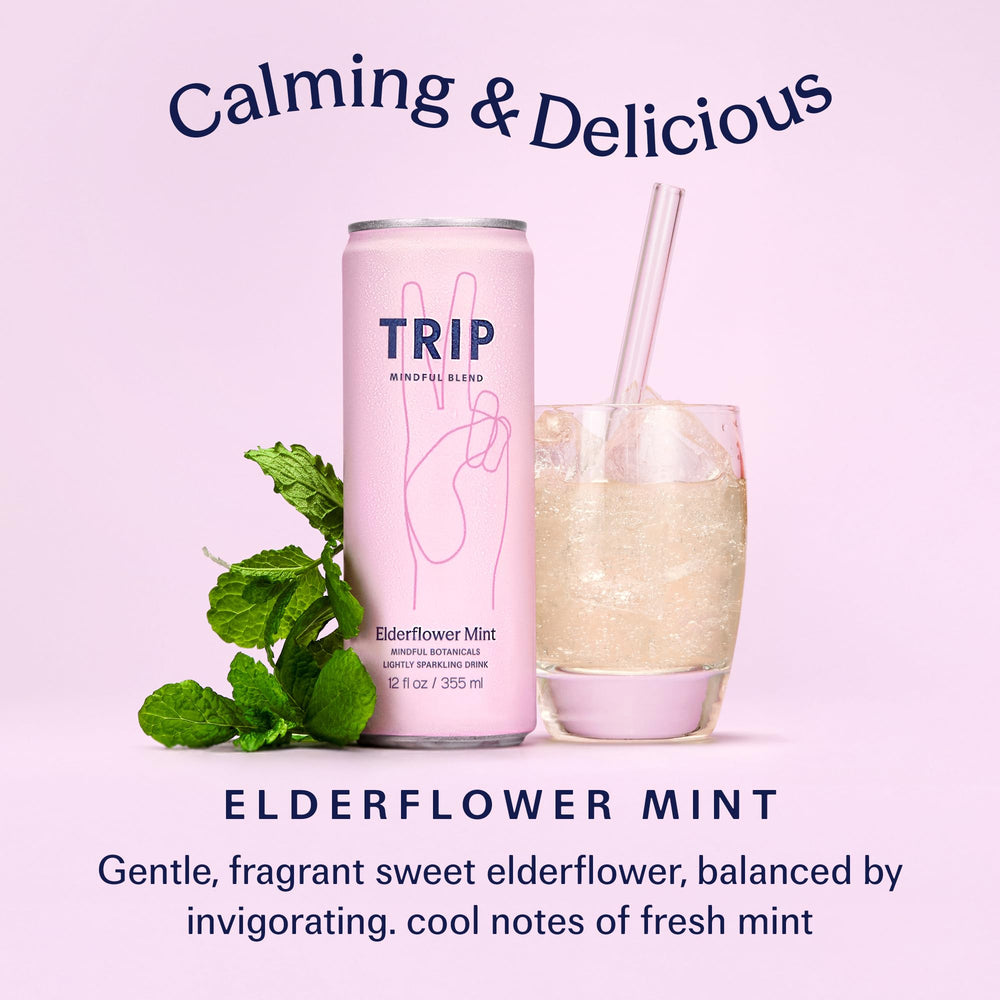 TRIP elderflower mint ingredients label displaying adaptogens and botanicals