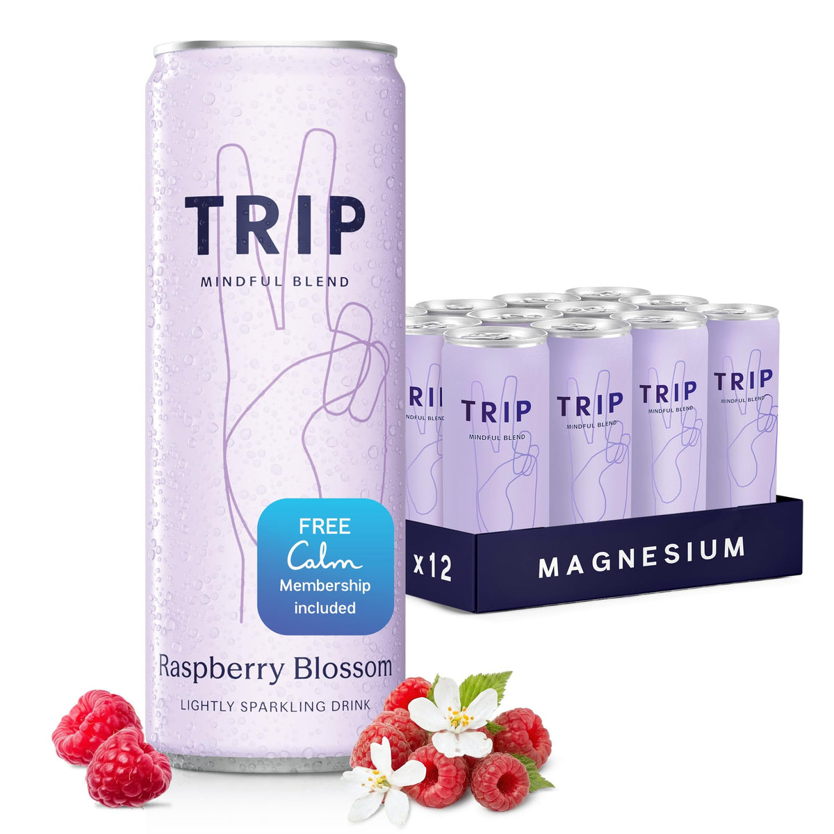 TRIP can front packaging showing raspberry blossom flavor and low calorie benefit
