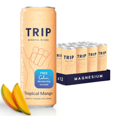 TRIP front packaging showing Tropical Mango 12 pack and branding, highlights convenience