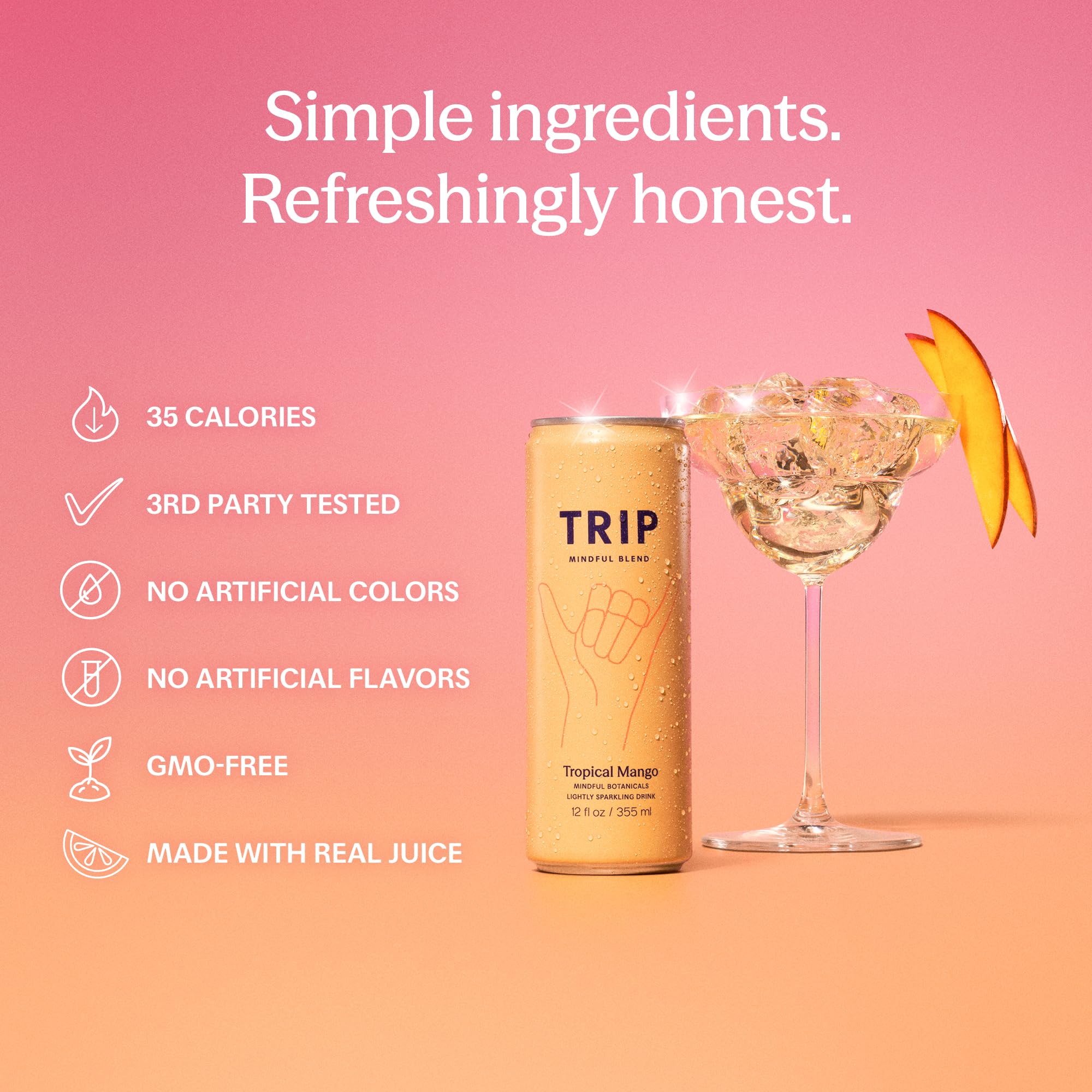 TRIP ingredient arrangement with mango and botanicals, emphasizes clean sourced ingredients