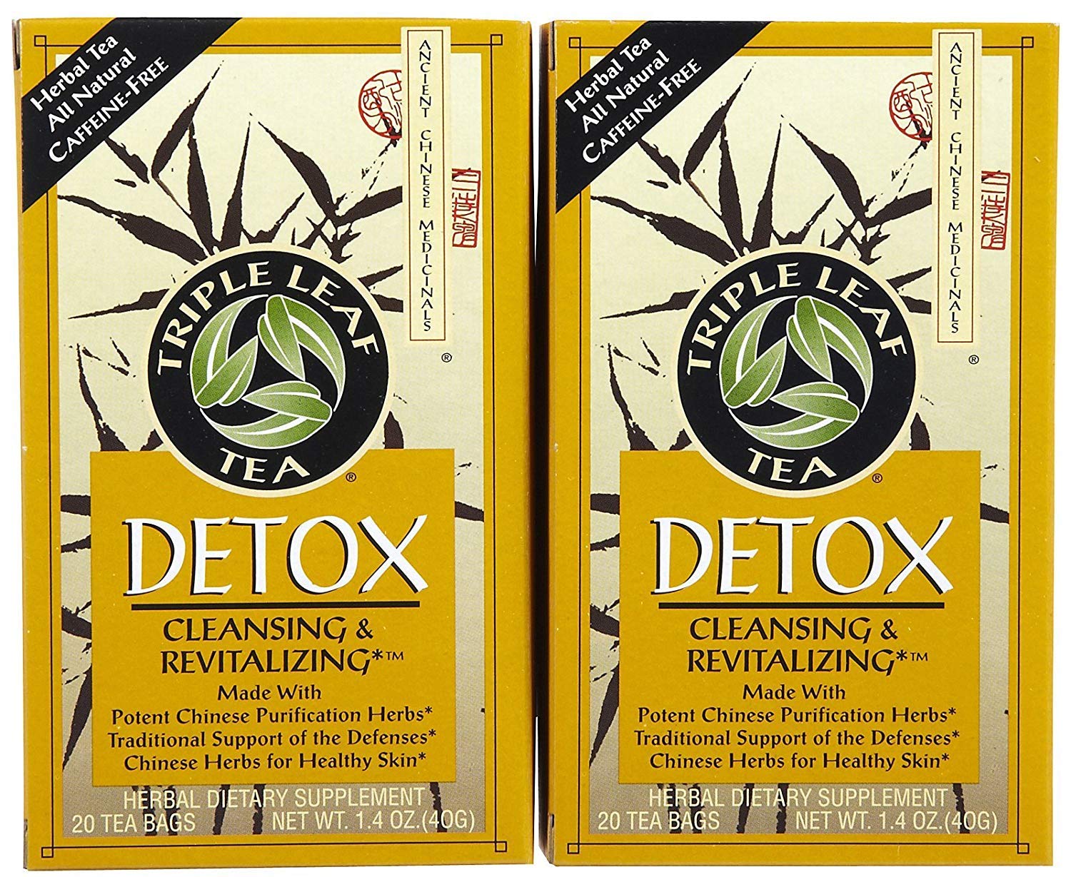 Triple Leaf Tea front packaging showing detox two-pack and serving convenience