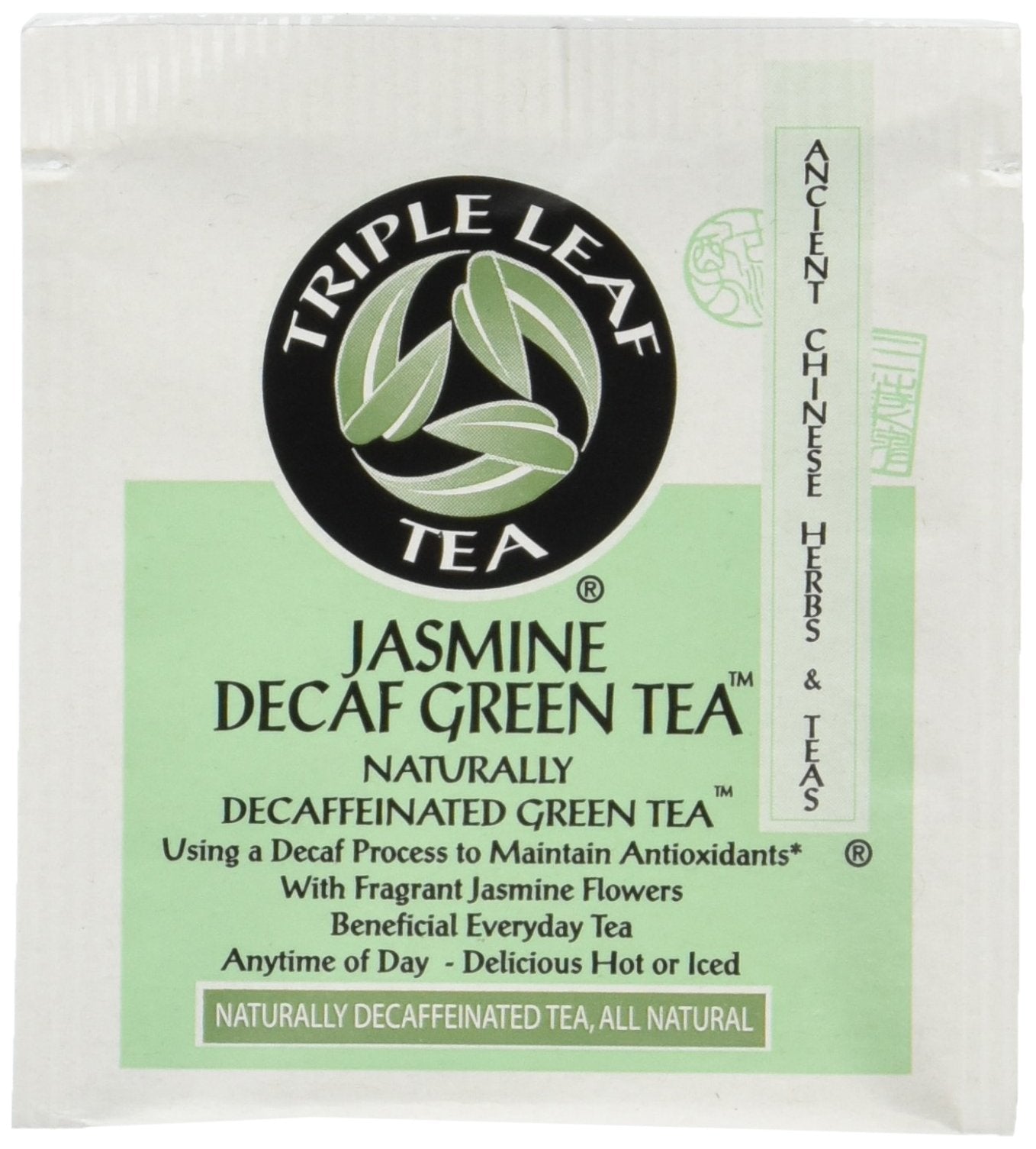 Triple Leaf Tea jasmine decaffeinated front packaging showcasing fragrant, easy-to-brew convenience