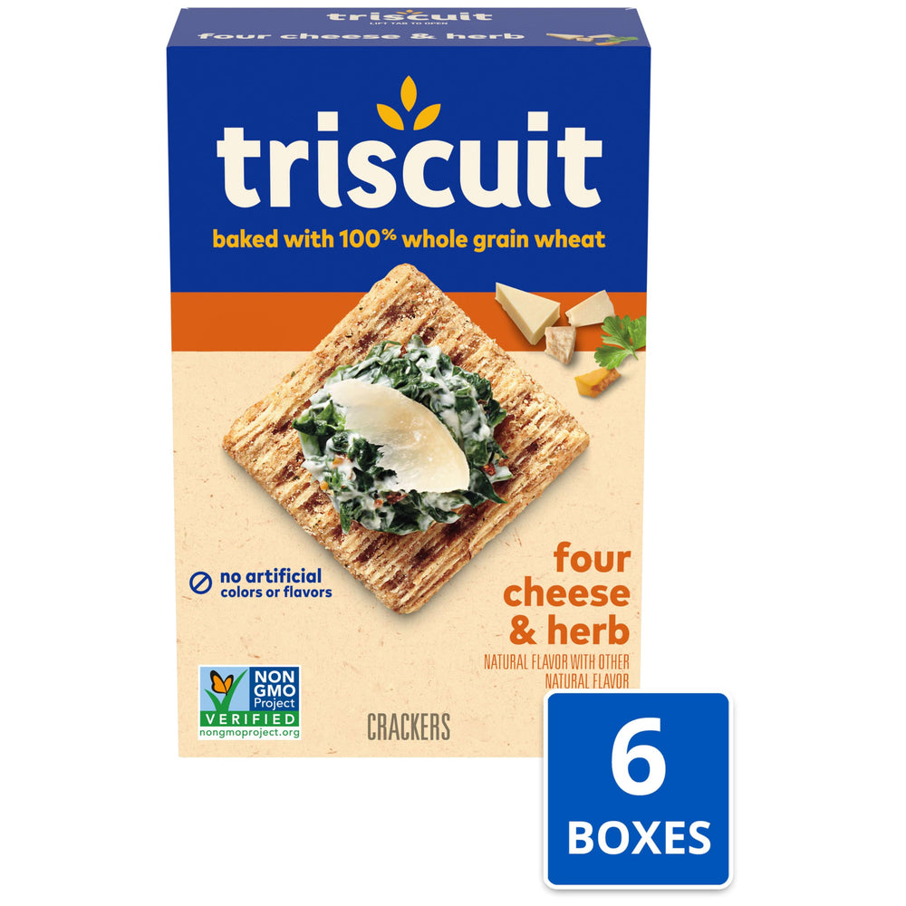 Open Triscuit box displaying stacked crackers for portion visibility