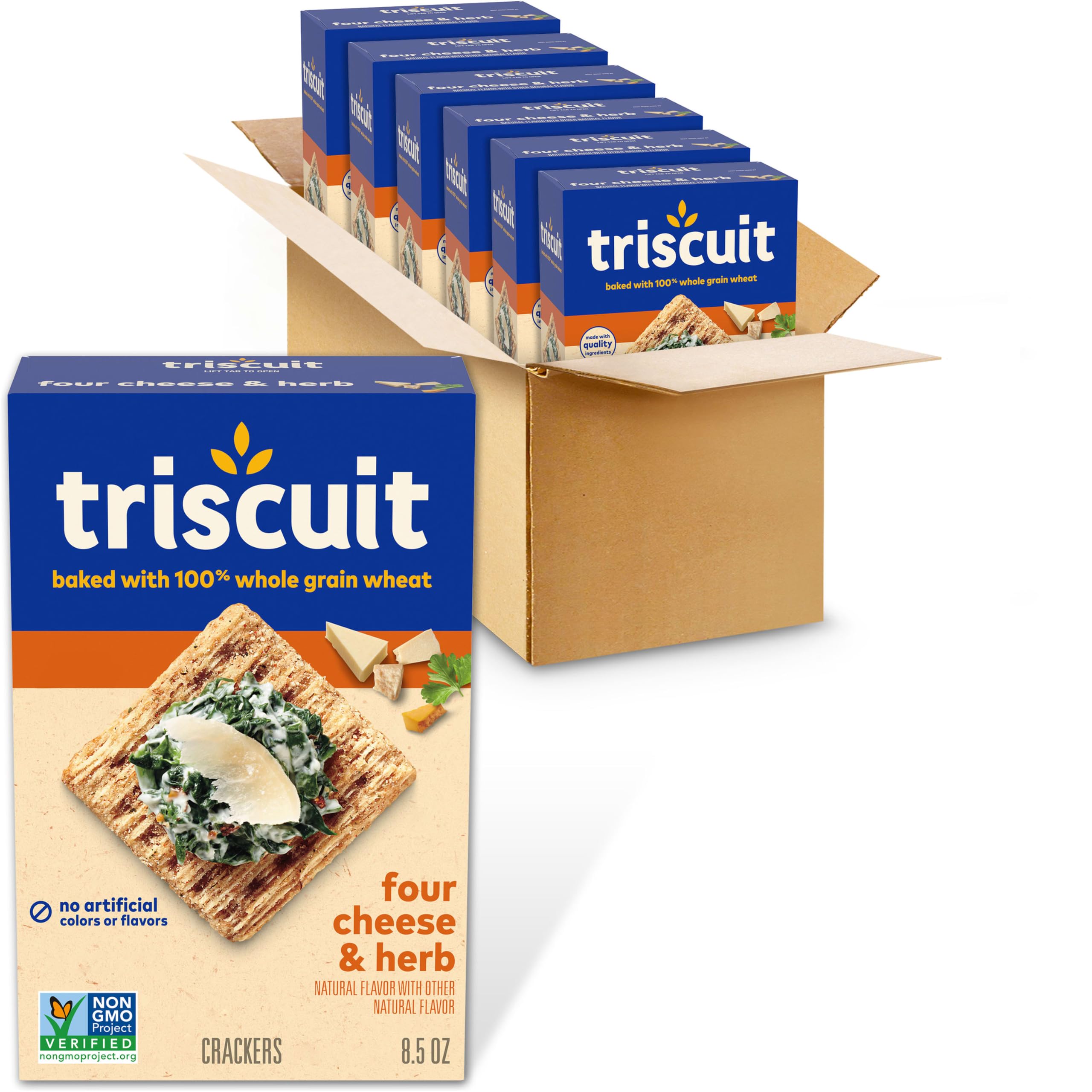 Triscuit front packaging showing four cheese and herb flavor and benefits