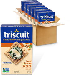 Triscuit front packaging showing four cheese and herb flavor and benefits
