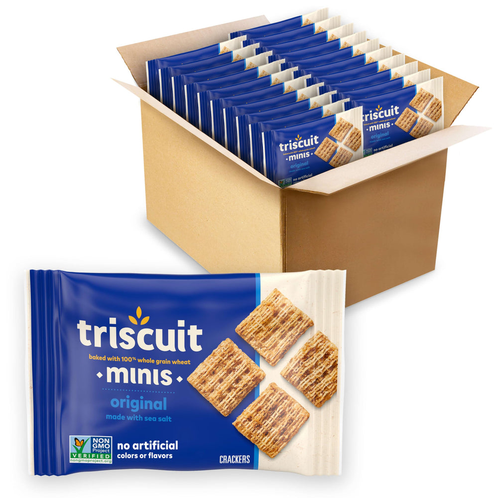 Triscuit Minis front packaging showing brand and multi-pack convenience
