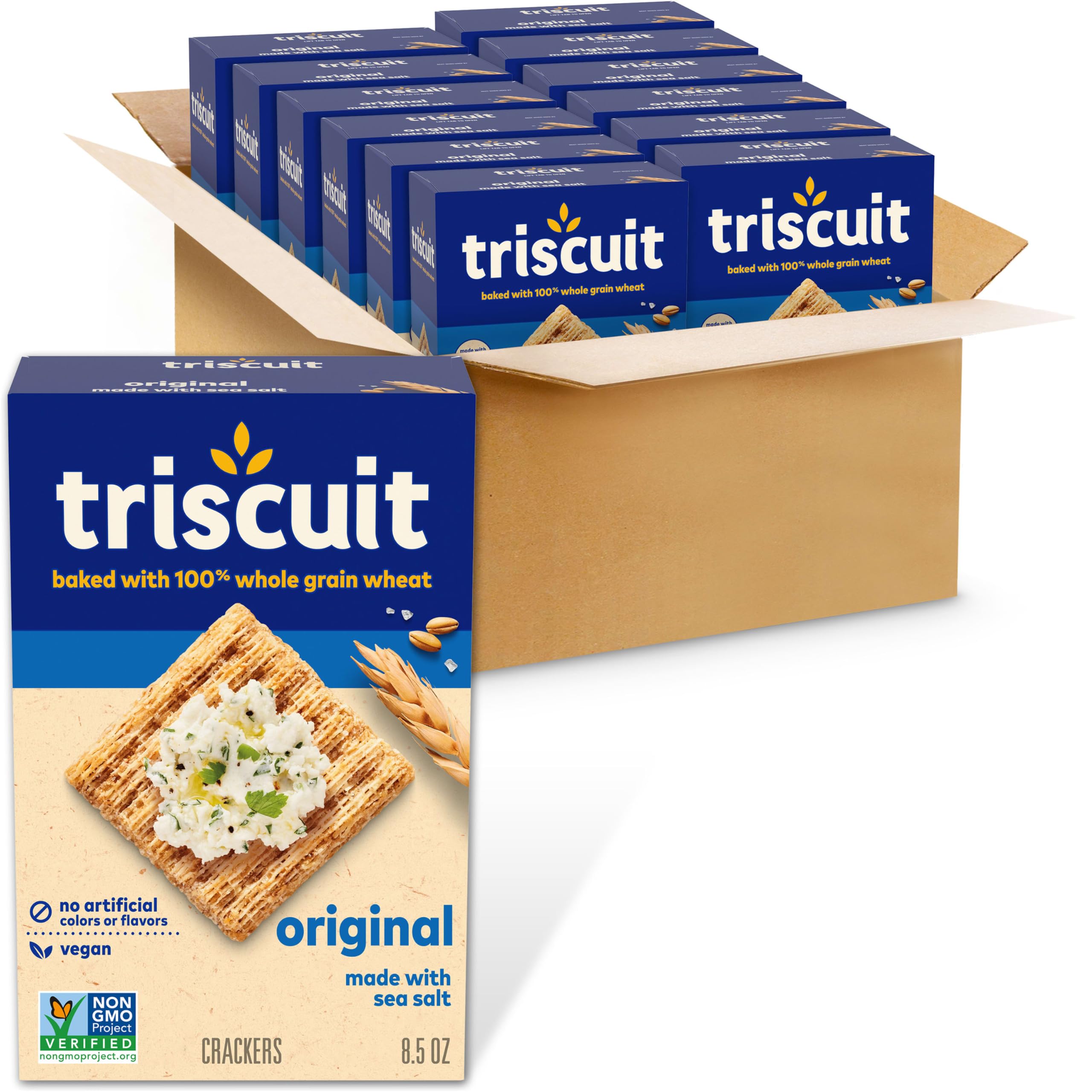 Triscuit front packaging showing brand and 12-box value for convenient stocking