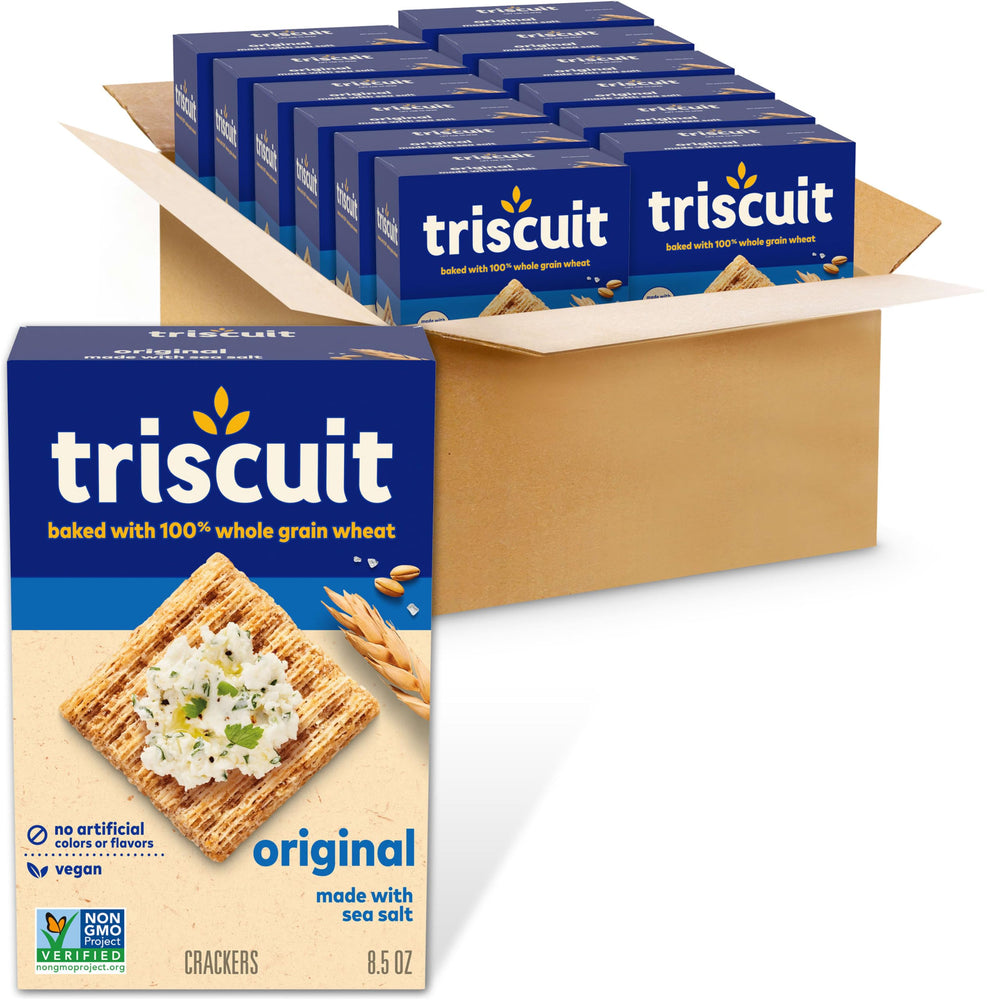 Triscuit front packaging showing brand and 12-box value for convenient stocking