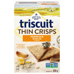 Triscuit front pack showing Parmesan Garlic flavor and convenient 200g size