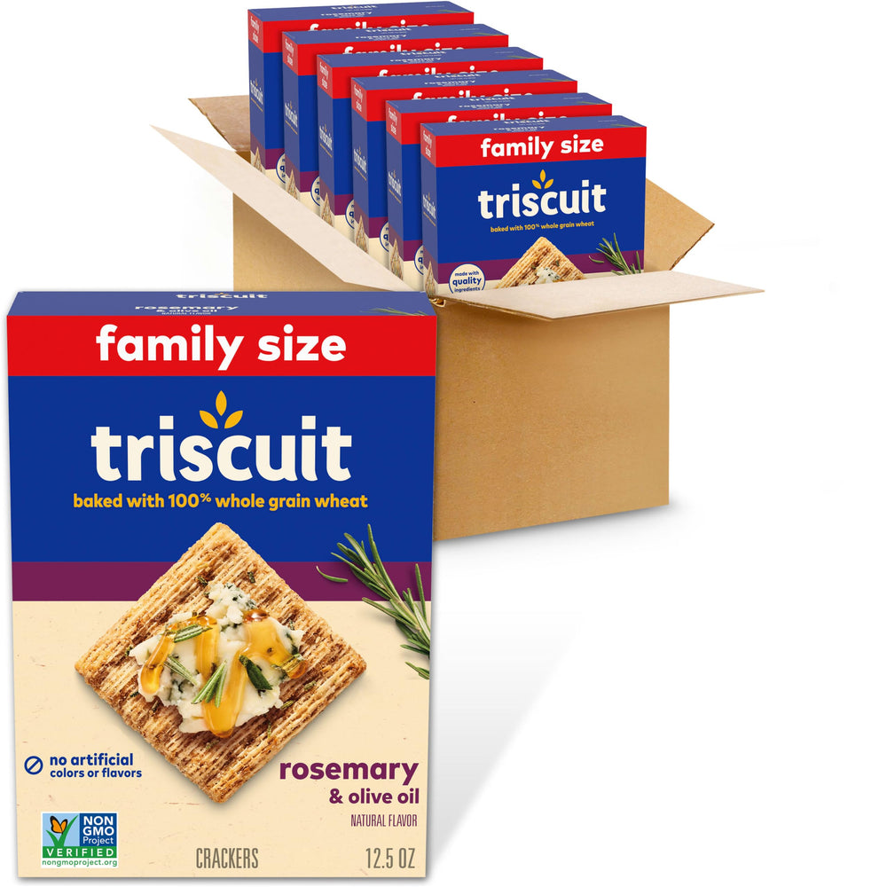 Triscuit front packaging showing rosemary and olive oil flavor benefits