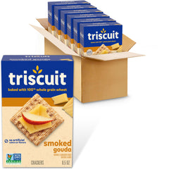 Triscuit front packaging showing Smoked Gouda flavor and six-box benefit