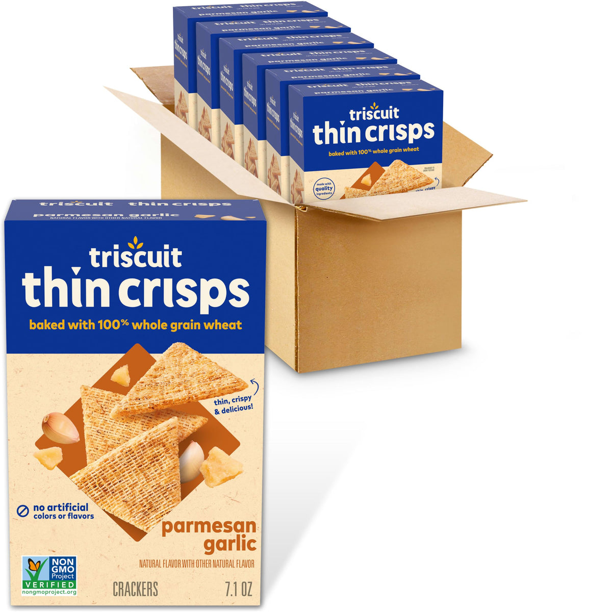 Triscuit thin crisps front packaging showing brand and flavor benefit