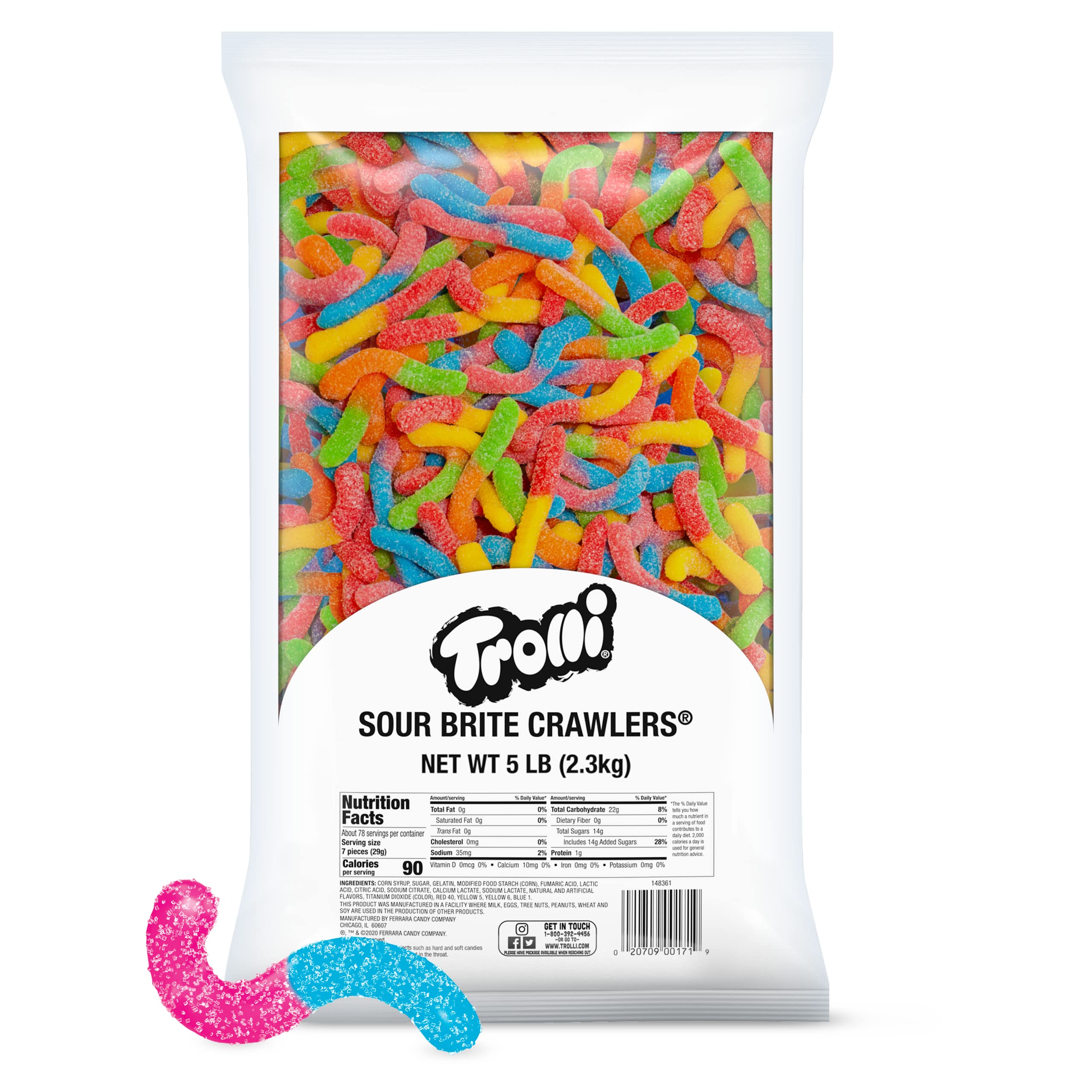 Trolli front packaging 5 lb bag showing branding and colorful worms for bulk convenience