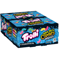 Trolli front packaging showing 2 oz mini sour gummy worm packs for portability