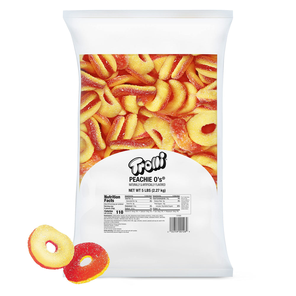 Trolli front packaging of 5 lb Peachie O's showing brand and bulk size benefit