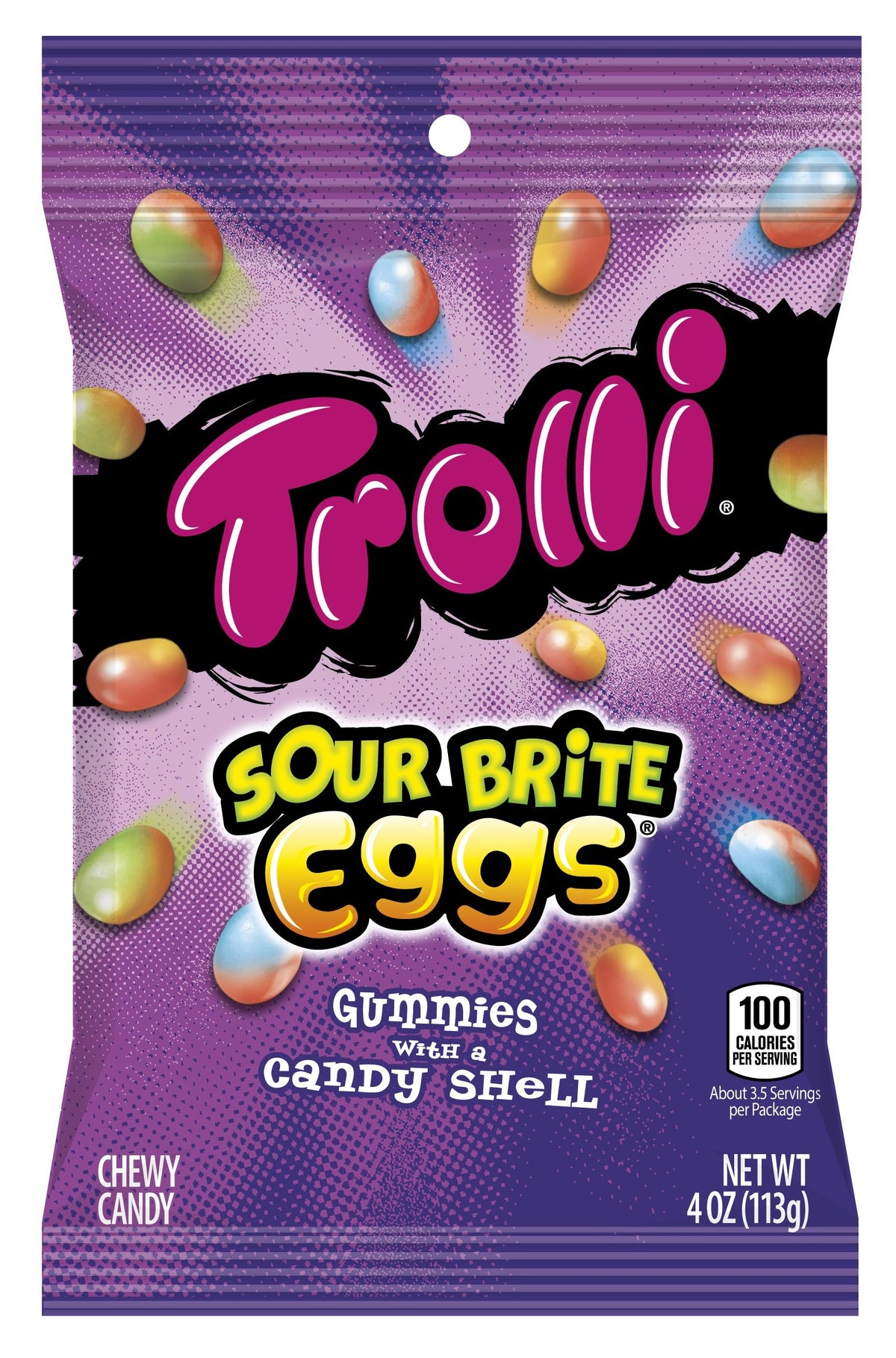 Trolli sour brite eggs front packaging showing bright colors and portioned 4oz bag convenience