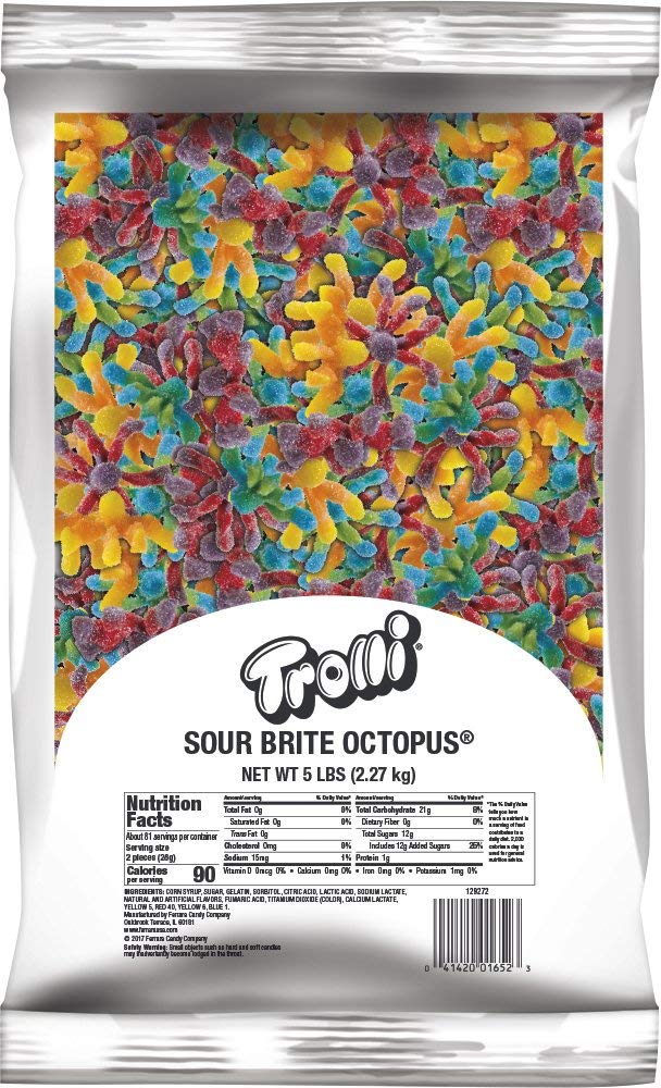 Trolli front packaging showing 5 lb bag and bright octopus shapes for party-ready supply