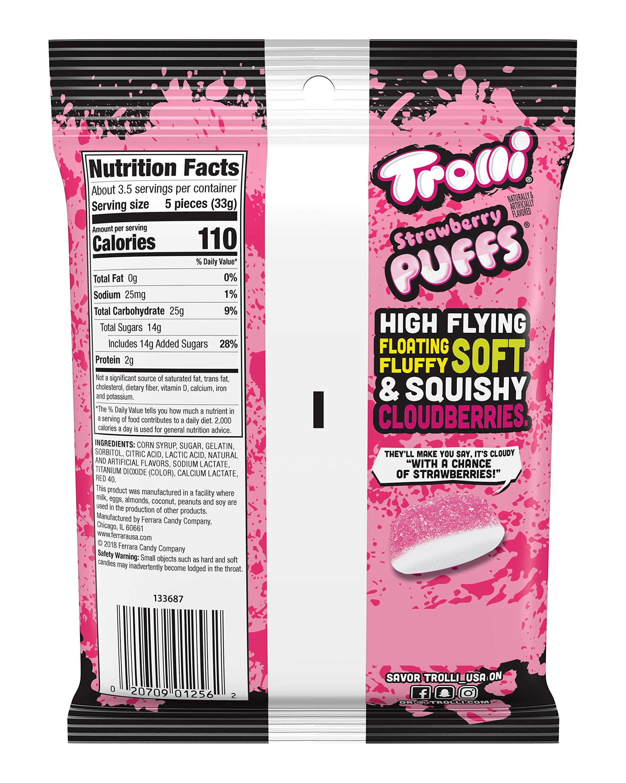 Trolli open pouch spilling strawberry puffs, easy portioning and grab-and-go convenience