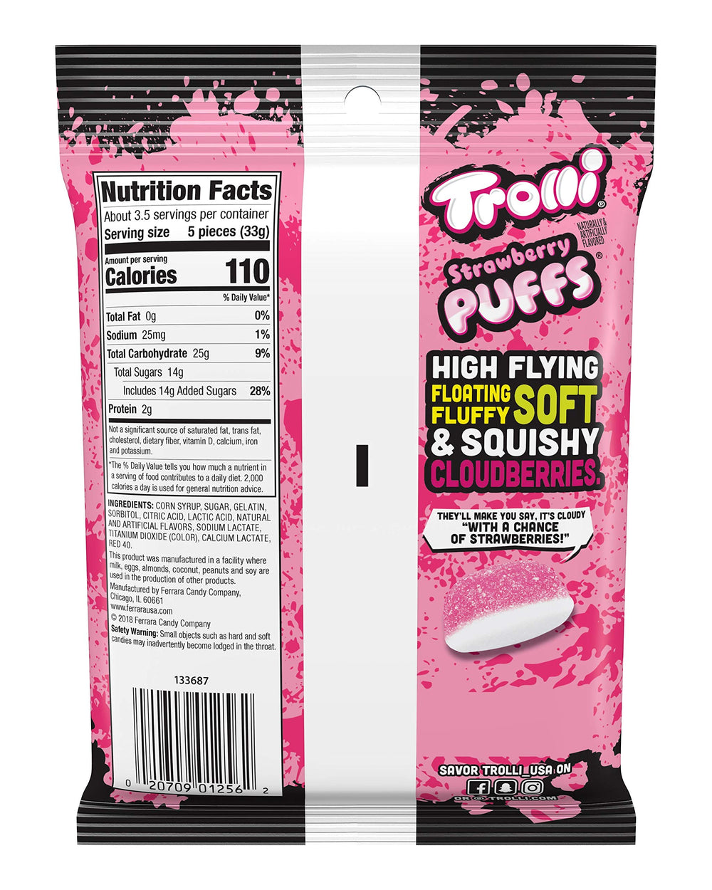 Trolli open pouch spilling strawberry puffs, easy portioning and grab-and-go convenience
