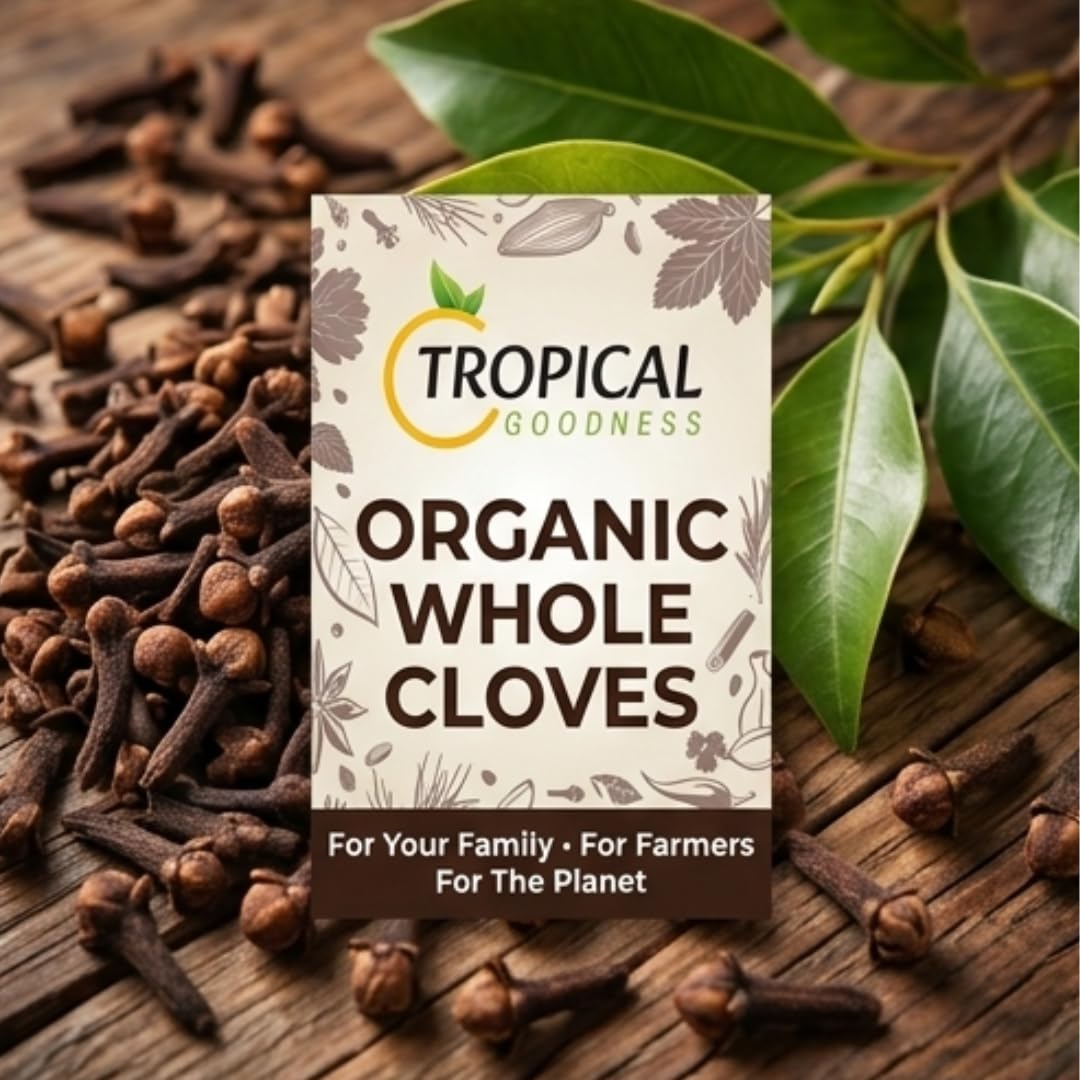 Tropical Goodness resealable bag open and pouring cloves for easy storage and use