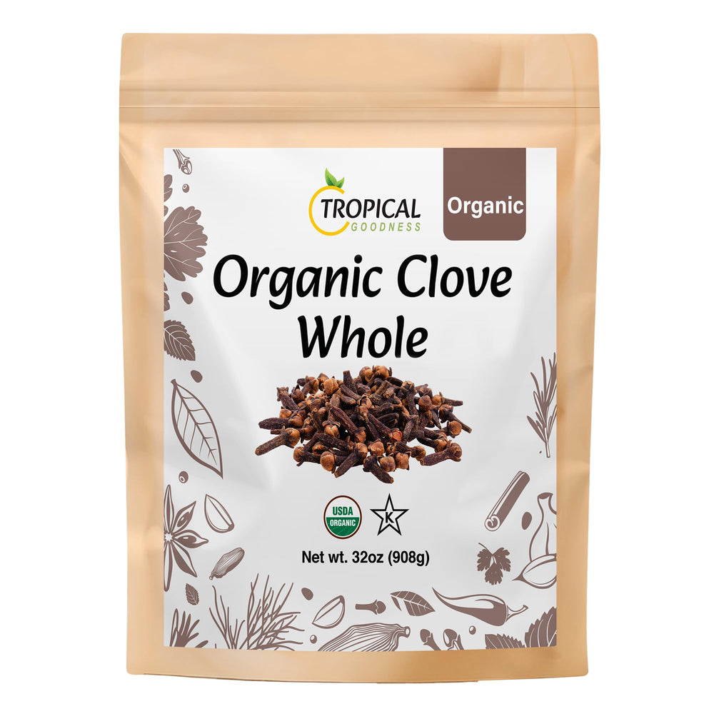 Tropical Goodness front packaging showing 32 oz organic cloves and certifications for freshness
