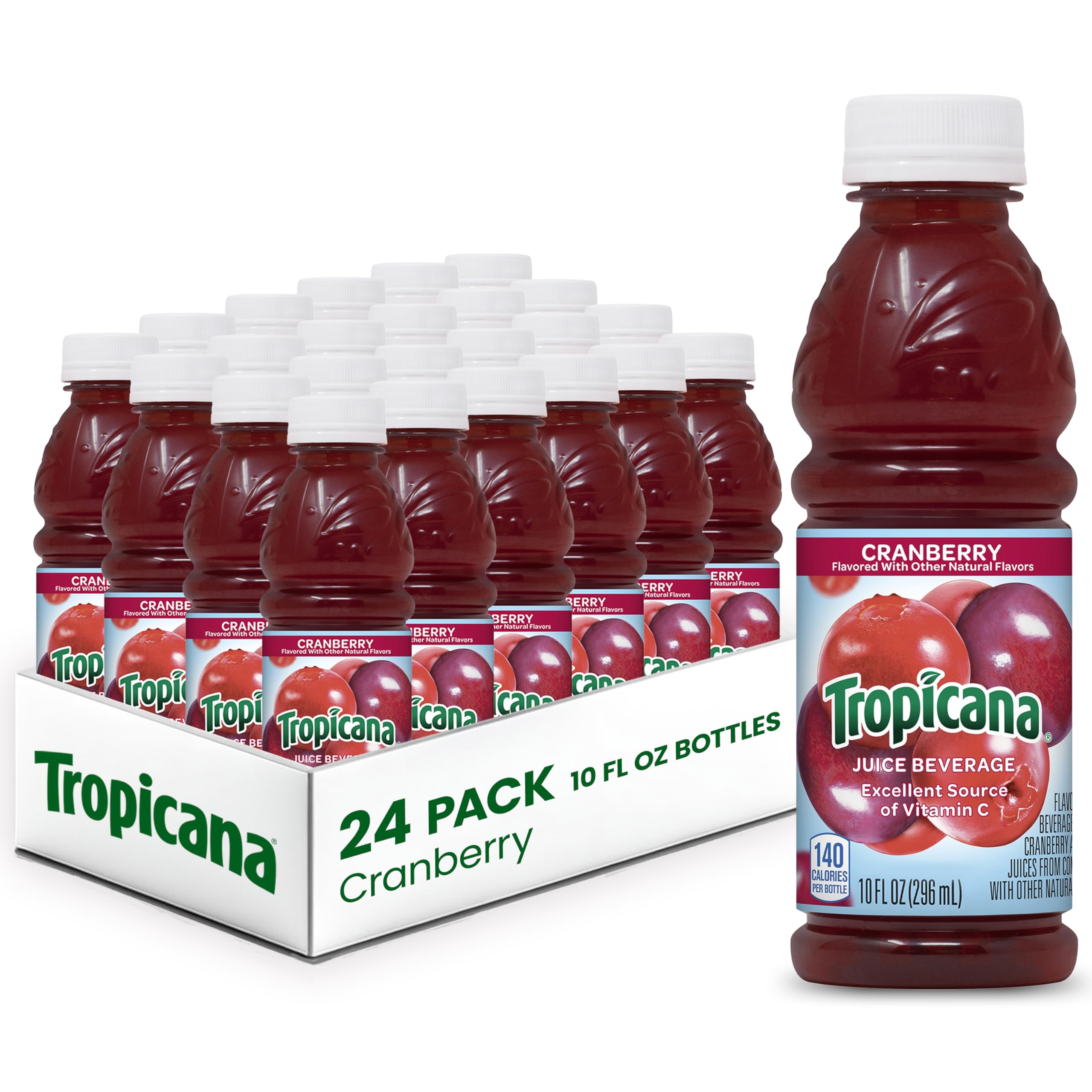 Tropicana front packaging showing 24-pack and bright cranberry color for convenient supply