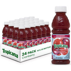 Tropicana front packaging showing 24-pack and bright cranberry color for convenient supply