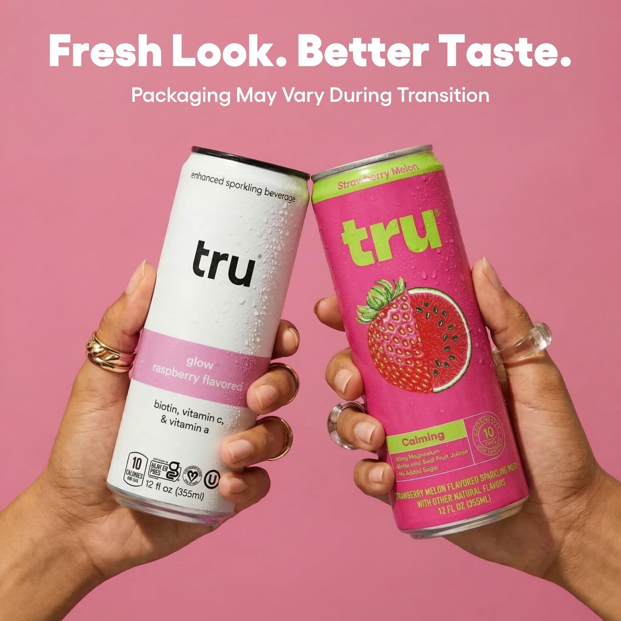 Tru close-up carbonation and label detail highlighting gentle fizz