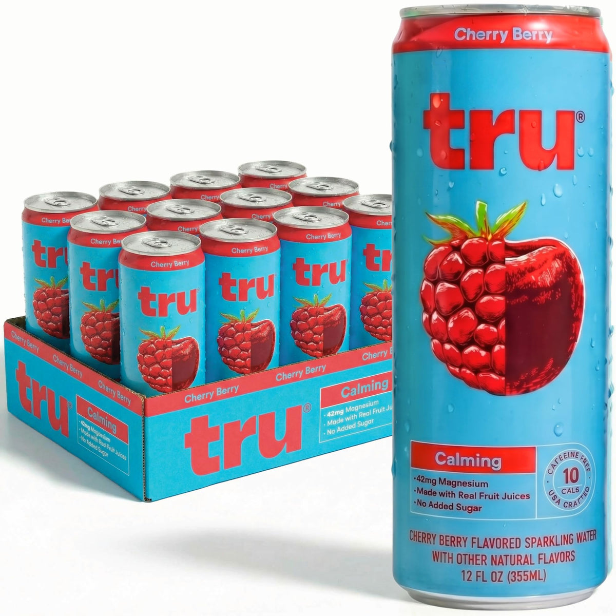 Tru can front packaging showing cherry berry flavor and calming magnesium benefits