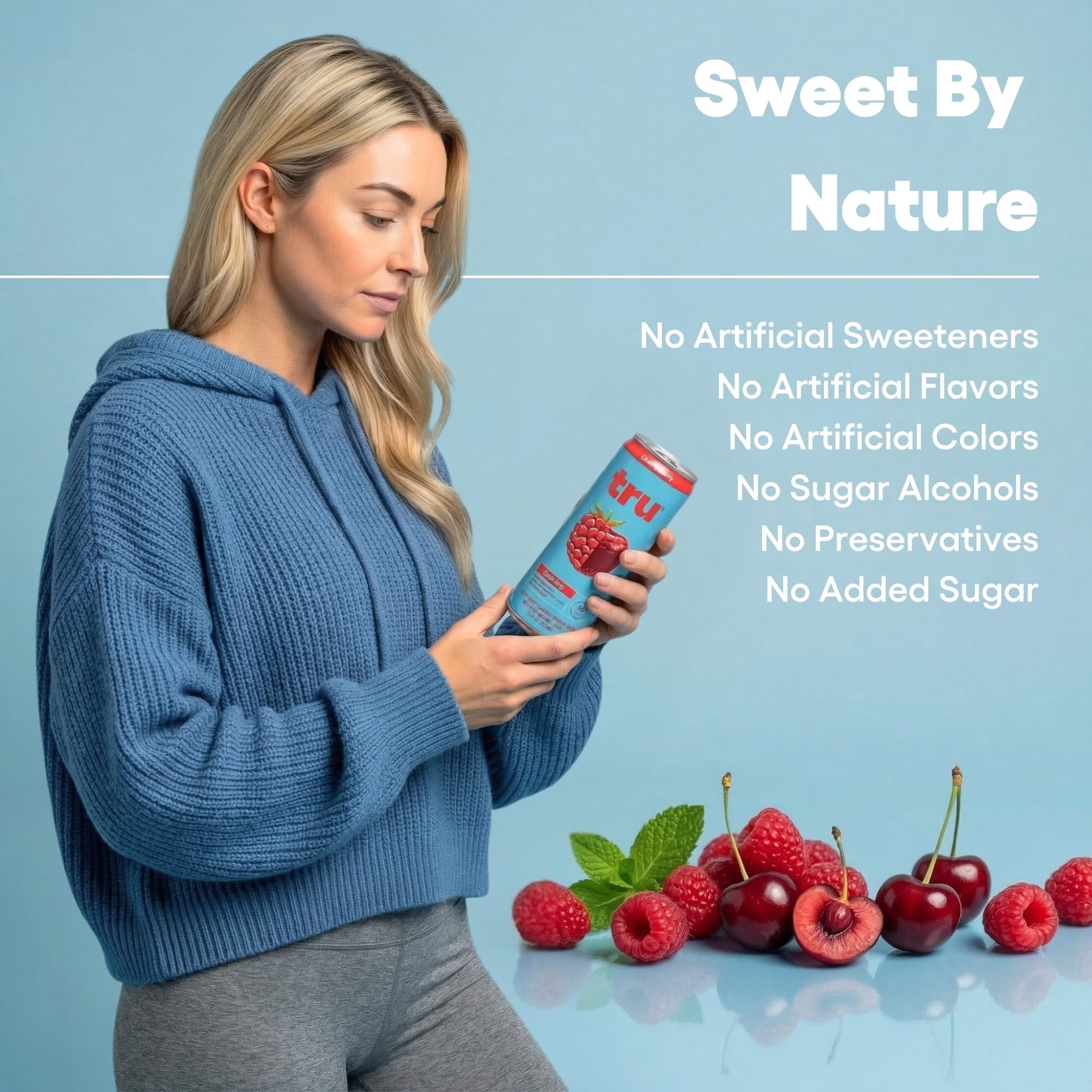 Tru ingredient label detail showing real fruit juice and low-calorie benefits