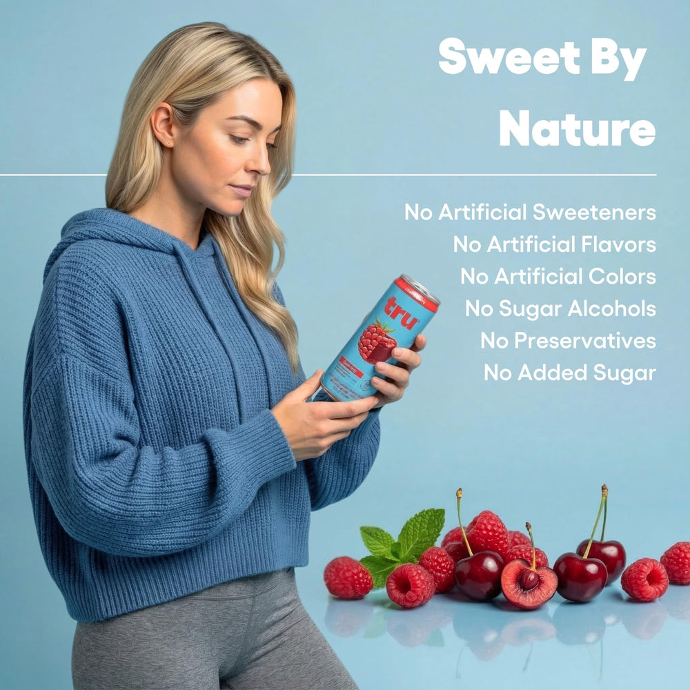 Tru ingredient label detail showing real fruit juice and low-calorie benefits