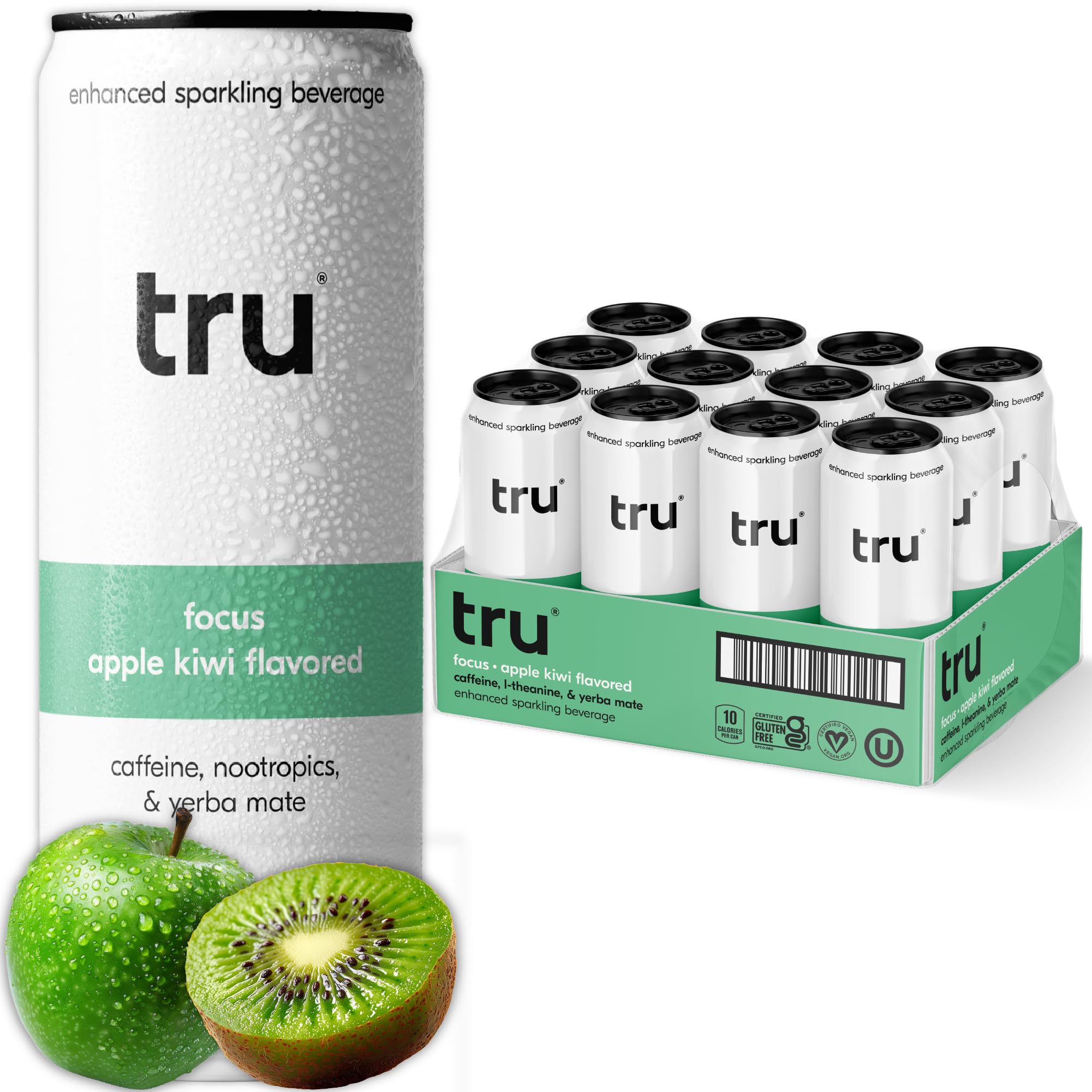 Tru Focus front packaging shows can and bright apple kiwi branding for clear identity