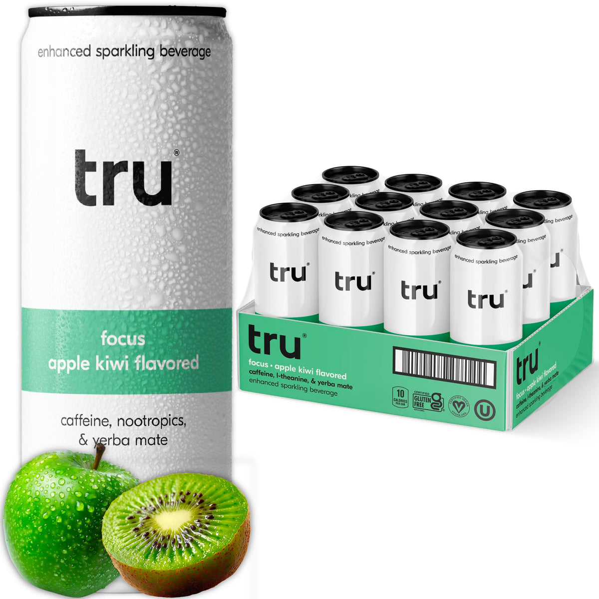 Tru Focus front packaging shows can and bright apple kiwi branding for clear identity