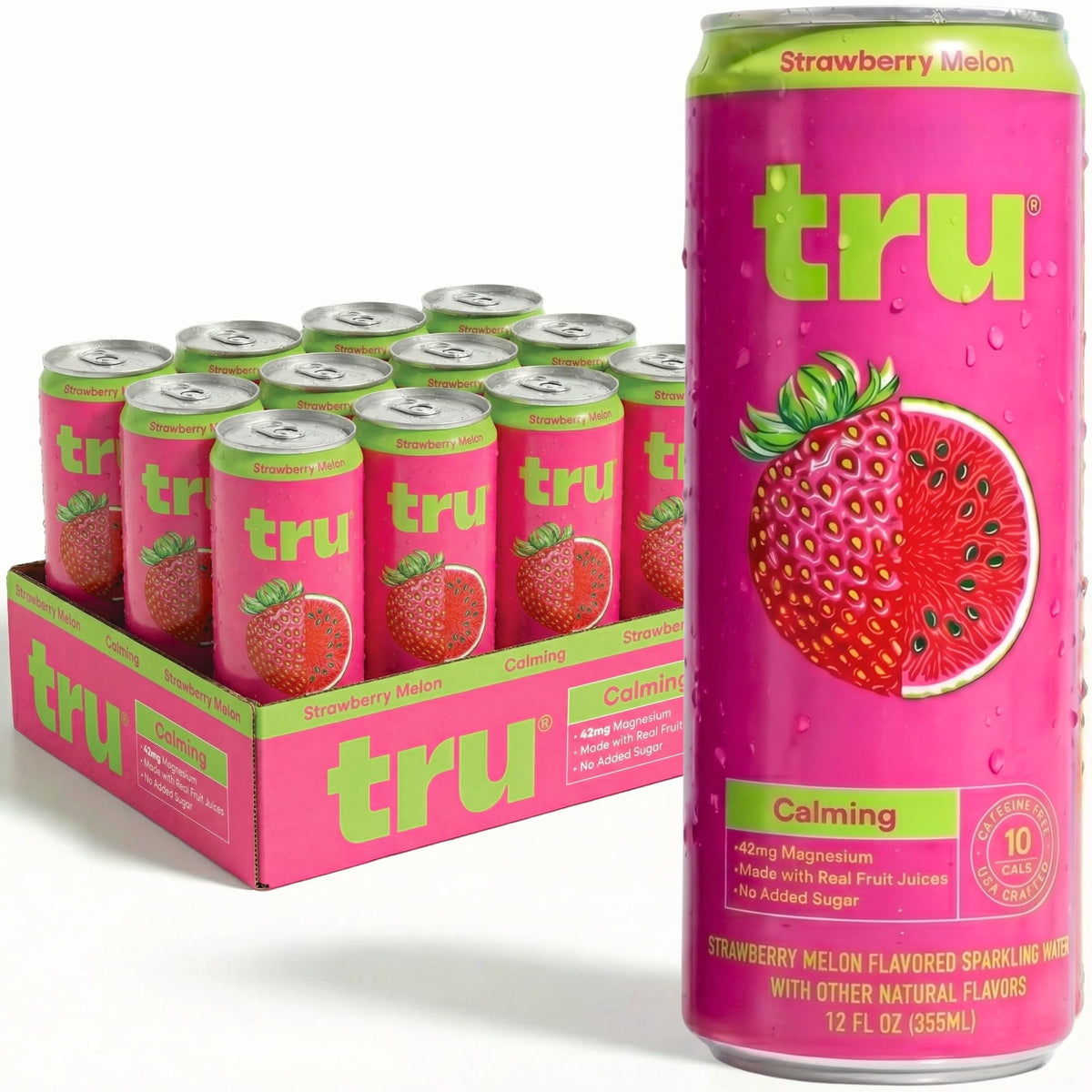 Tru front can strawberry melon showing branding and flavor benefits
