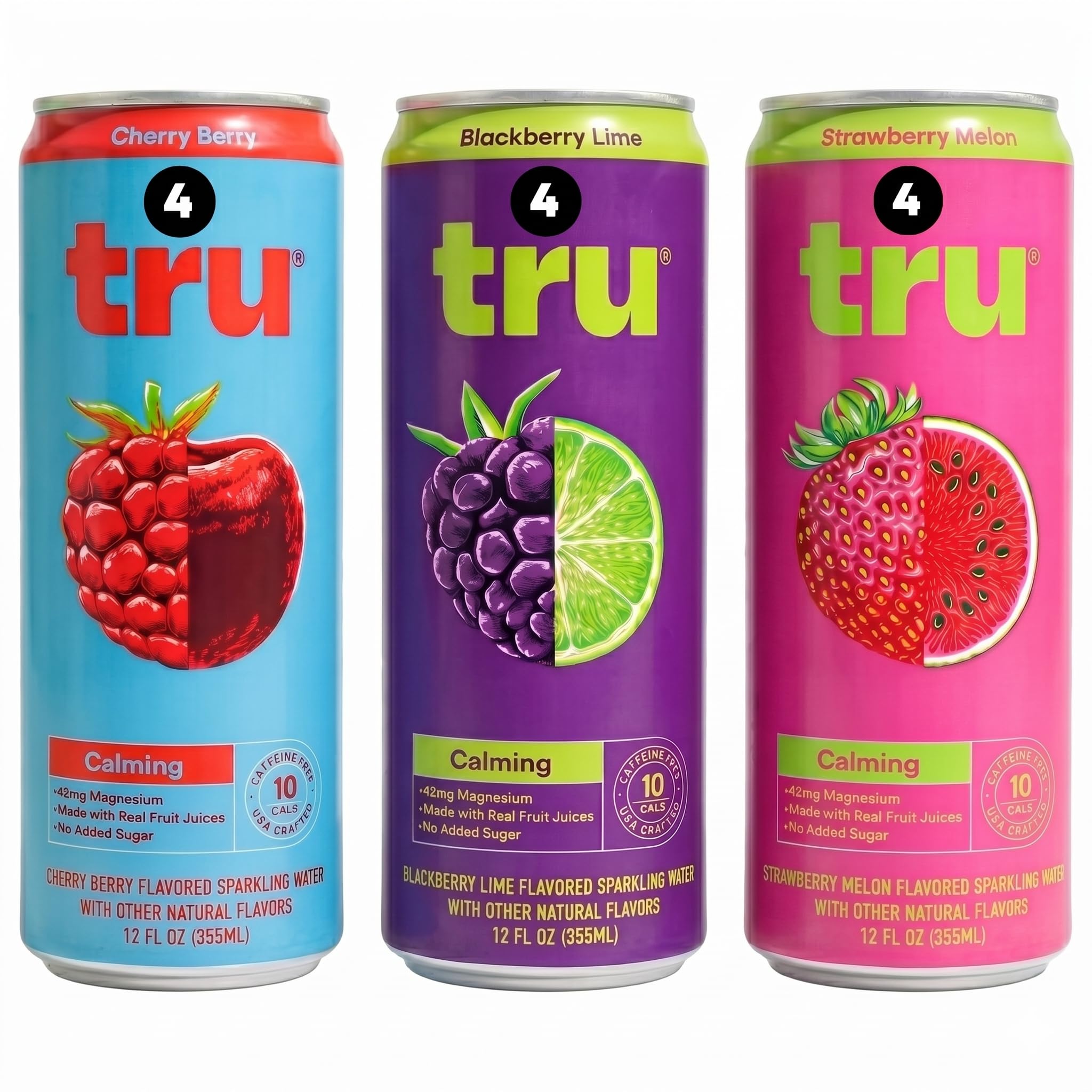 Tru front pack shot showing three-flavor variety and can design for easy selection