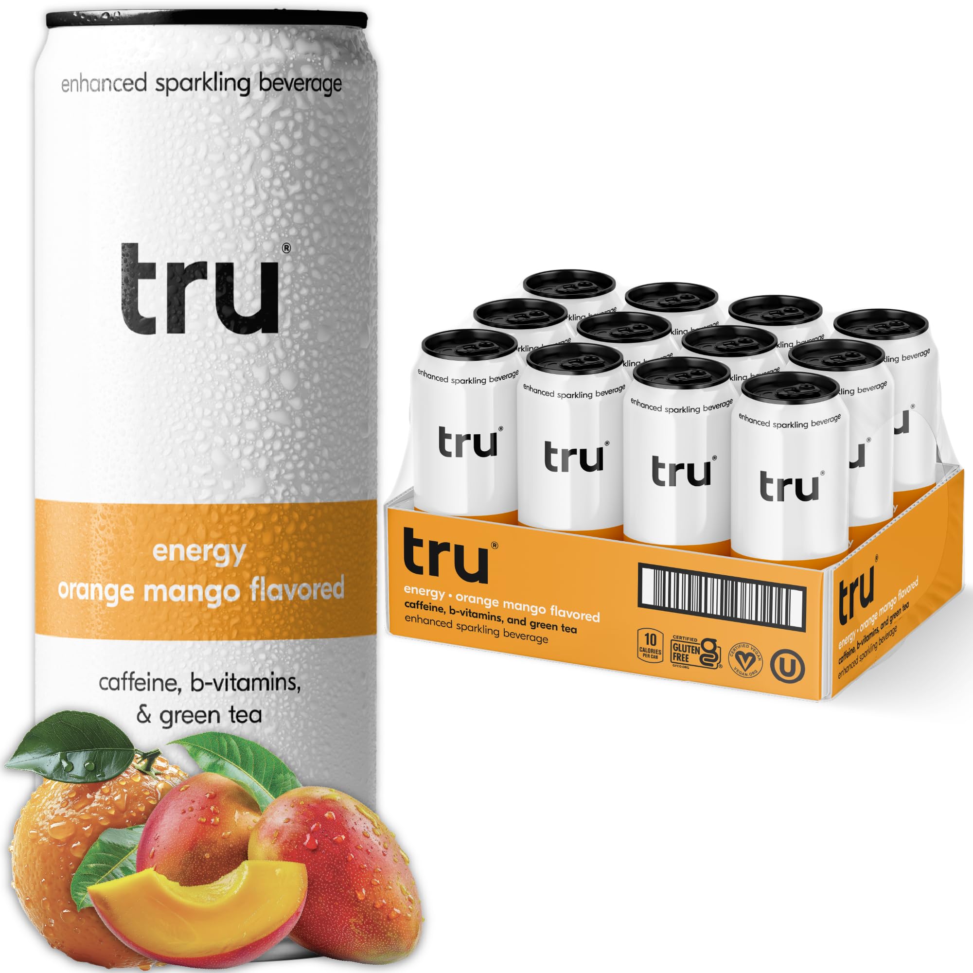 Tru can front view showing orange mango flavor and clean energy