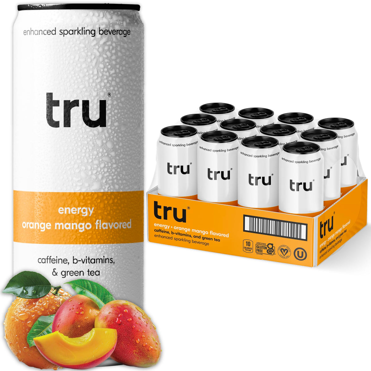 Tru can front view showing orange mango flavor and clean energy