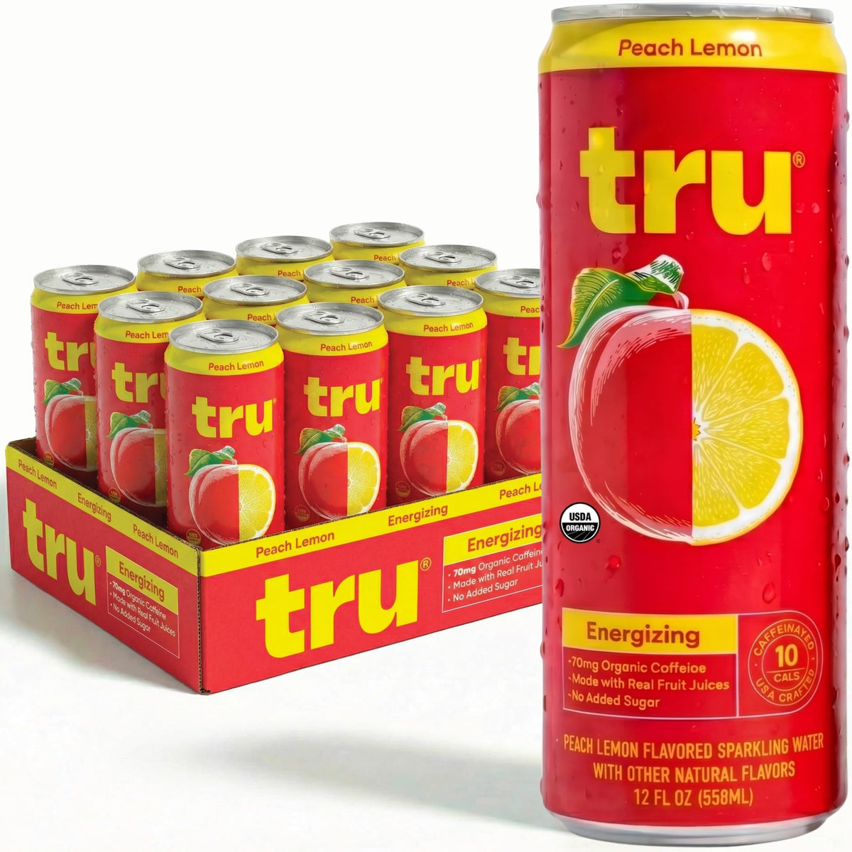 Tru front can showing peach lemon label and organic badge for clean energy