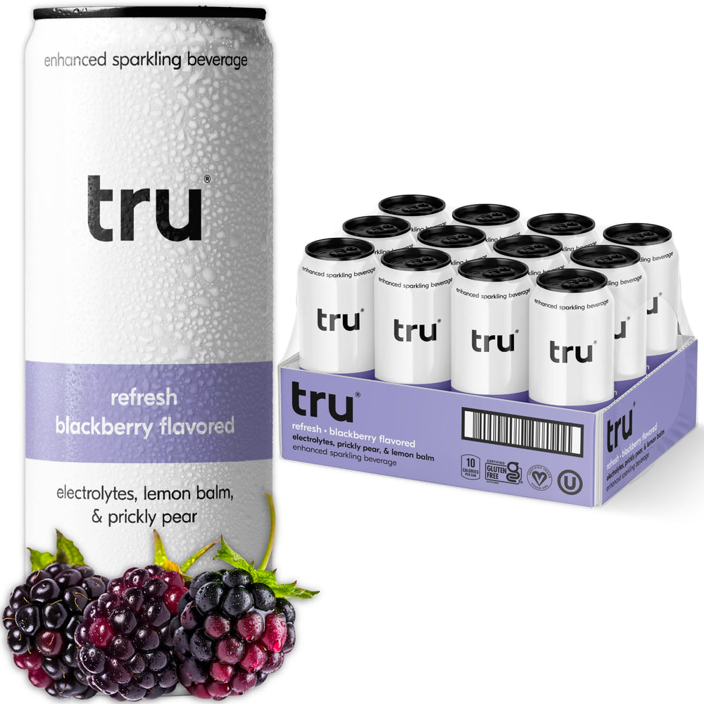 Tru front packaging showing blackberry seltzer benefits and branding
