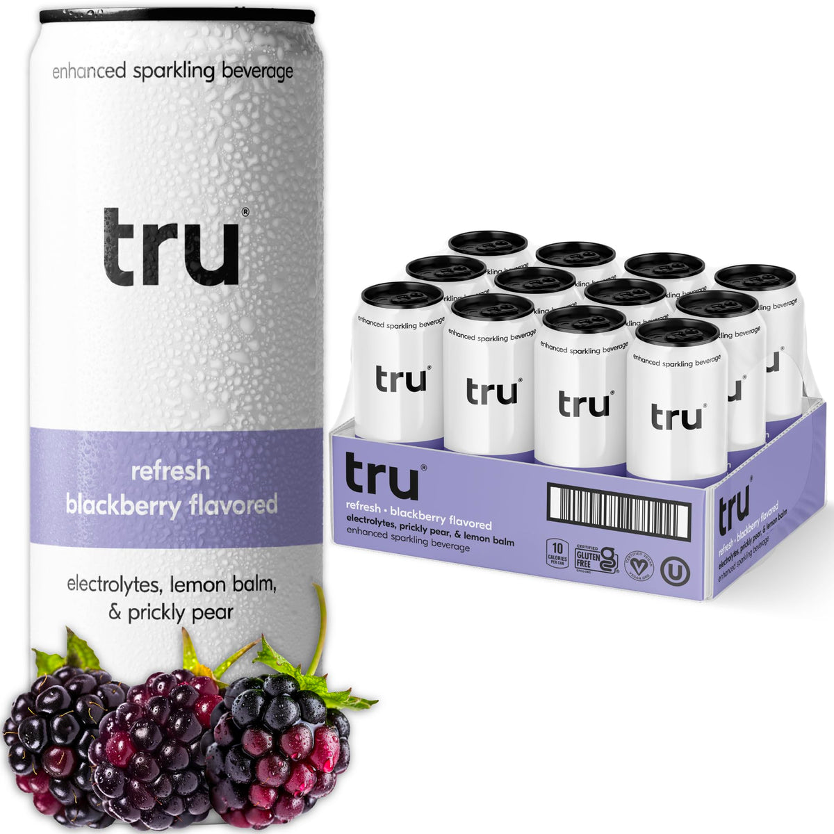 Tru front packaging showing blackberry seltzer benefits and branding