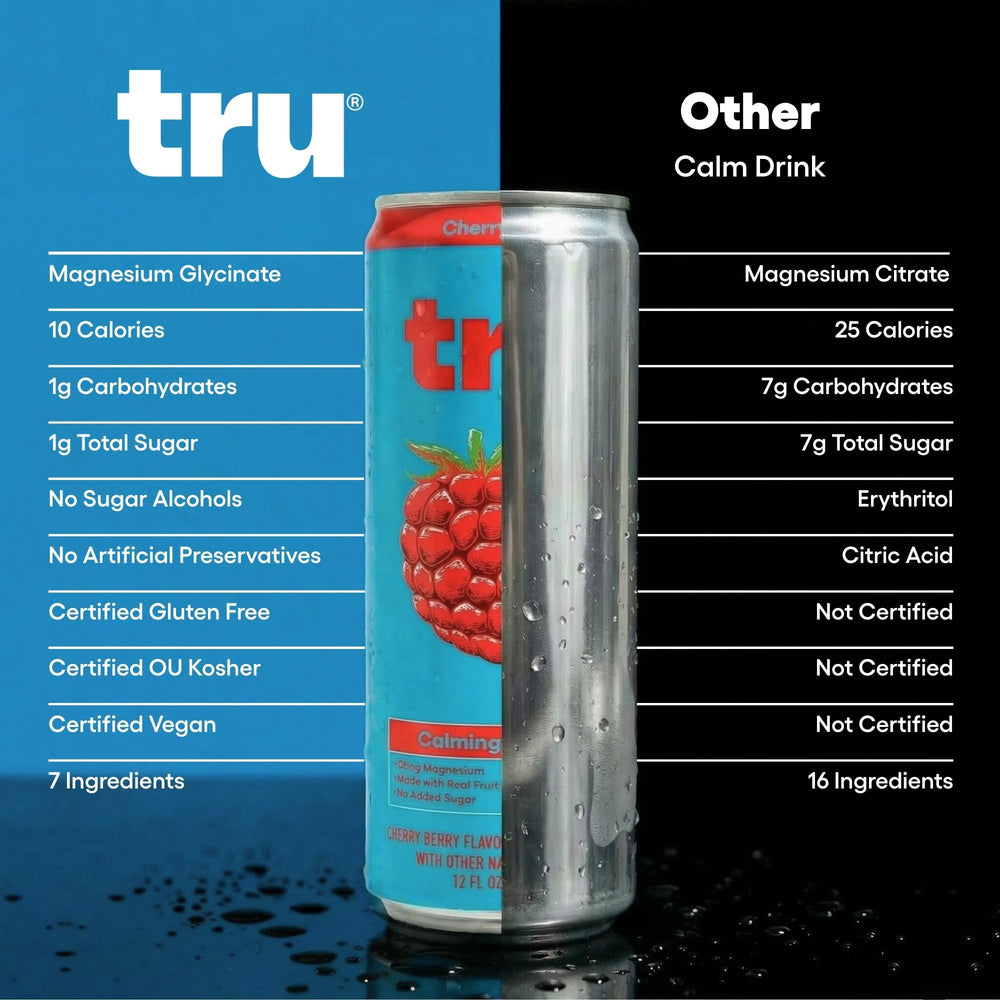 Tru can next to hand for scale, illustrating portable 12 fl oz convenience