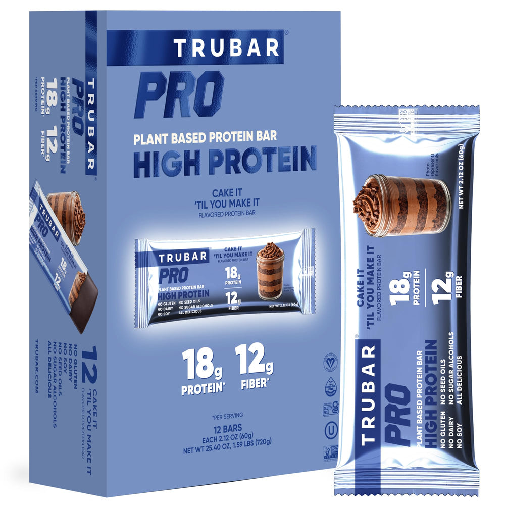 TRUBAR PRO front packaging showing cake-flavored protein bar benefits